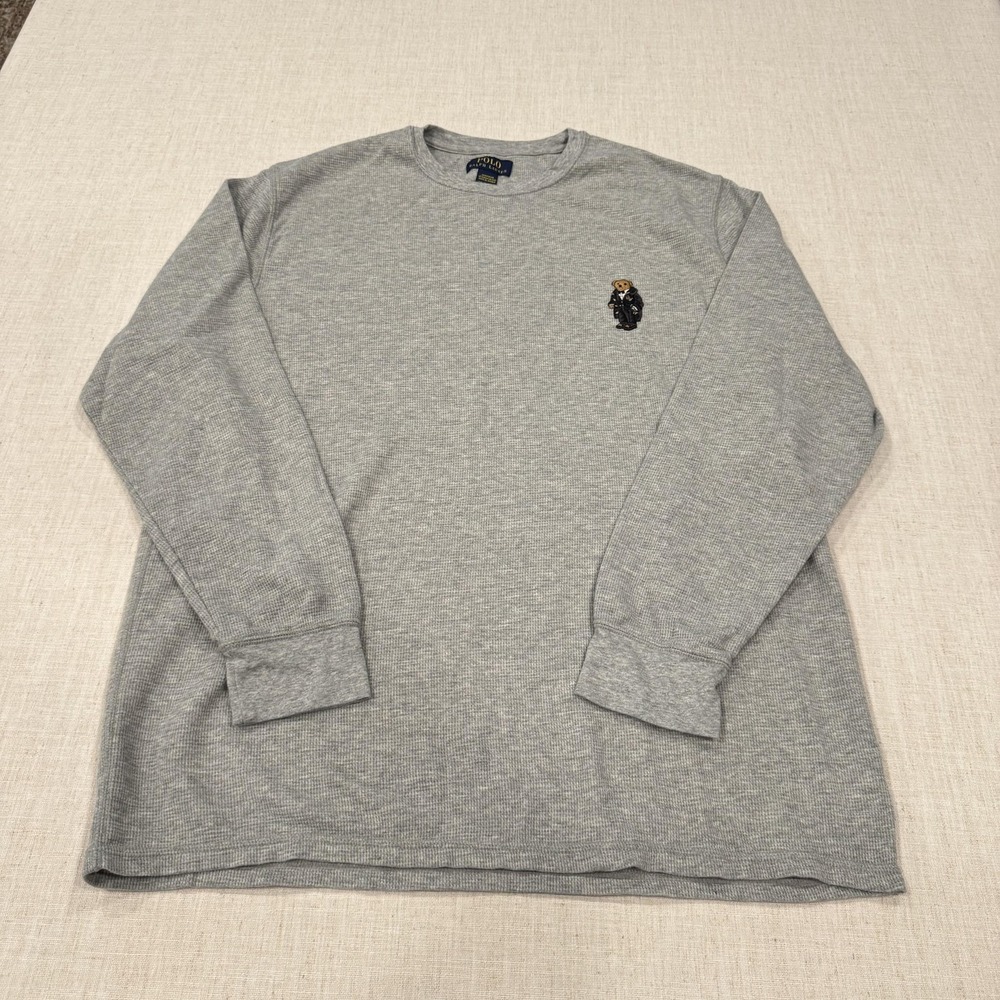 Polo Ralph Lauren Pajama Top Mens 2XL Gray Waffle Knit Polo Bear Lounge